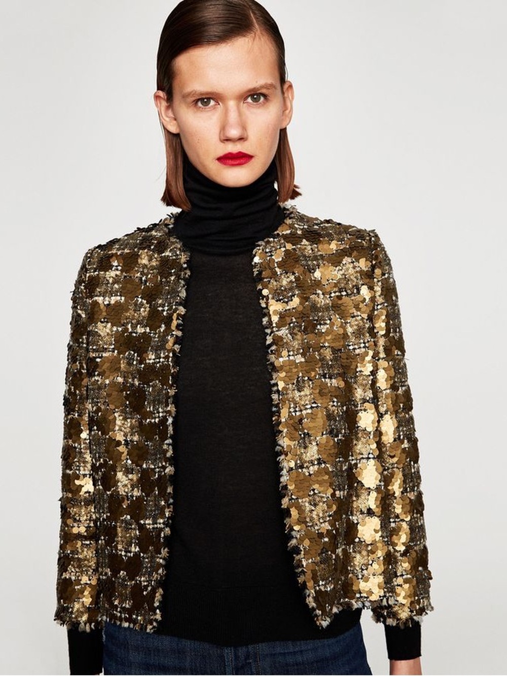 Zara Woman XL Gold Sequin Tweed Jacket Metallic Holiday Party Statement Blazer
